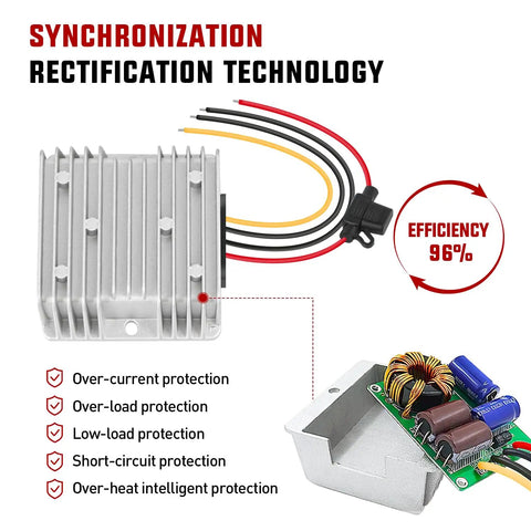 Heavy Duty DC To DC Step Down Converter image showcasing aluminum housing, wires, and efficiency details for automotive applications.