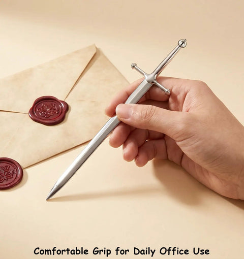 Dope Vintage Sword Letter Opener With Silver Finish And Ergonomic Grip held in hand next to sealed envelopes