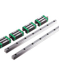 Professional Grade Dang Smooth HGR20 Linear Guide Rail Kit With Two Three Zero Shafts And Four HGH20CA Runner Blocks For DIY CNC Router Build Projects, featuring two rails and four sliding blocks.