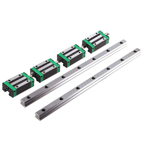 Professional Grade Dang Smooth HGR20 Linear Guide Rail Kit With Two Three Zero Shafts And Four HGH20CA Runner Blocks For DIY CNC Router Build Projects, featuring two rails and four sliding blocks.