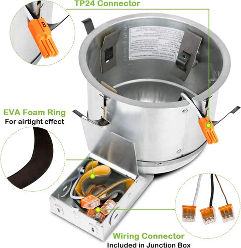 12 Pack 6 Inch Remodel Housing Shallow Type Airtight IC Rated Recessed Can Housing With TP24 Connector For LED Recessed Downlight ETL Listed Built To Last High Quality Construction with connectors and foam ring