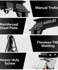 Beefy 3 Ton Gantry Crane With Adjustable 8.53 To 12.47 Ft Height 6600 Lbs Capacity Manual Trolley Hook And Shackles Ideal For Warehouse Shop Auto Repair And Construction Sites, showcasing manual trolley, reinforced steel plate, flawless TIG welding, and heavy-duty screw.