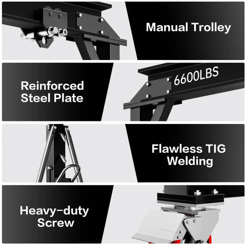 Beefy 3 Ton Gantry Crane With Adjustable 8.53 To 12.47 Ft Height 6600 Lbs Capacity Manual Trolley Hook And Shackles Ideal For Warehouse Shop Auto Repair And Construction Sites, showcasing manual trolley, reinforced steel plate, flawless TIG welding, and heavy-duty screw.