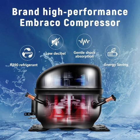 Rock Solid 27 Inch Commercial Reach In Freezer Delivers 23 Cubic Feet Of Smooth Stainless Steel Cooling With Smart Fan Chiller Plus No Sweat Digital Temp Control And Heavy Duty Roll Casters For Restaurant Setup Embraco compressor displayed with water backdrop.