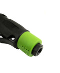 Quarter Inch Air Drive Angle Die Grinder equipped with a rotating 360 degree exhaust hood, close-up view of the handle and output.