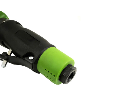 Quarter Inch Air Drive Angle Die Grinder equipped with a rotating 360 degree exhaust hood, close-up view of the handle and output.