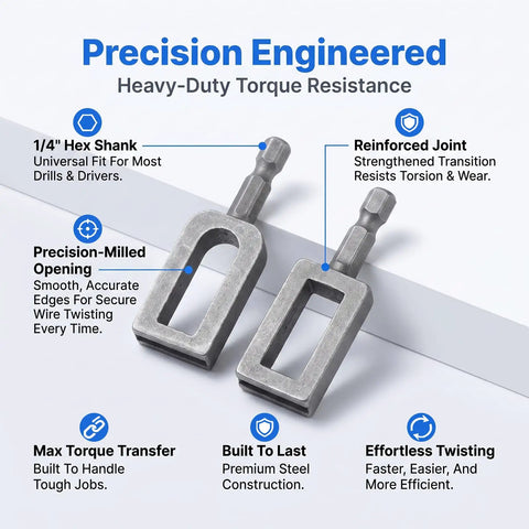 Precision engineered 1/4 inch hex shank heavy duty wire twister tool for drill with reinforced joint for torque resistance.
