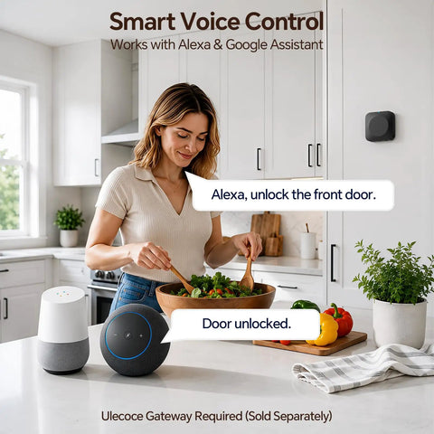 Woman in kitchen using smart speaker to control Slick Matte Black Smart Door Lock Featuring Super Quick Keyless Entry And Tight Bluetooth Handle That Pairs Directly With Your Phone App Control For Hassle Free Access.