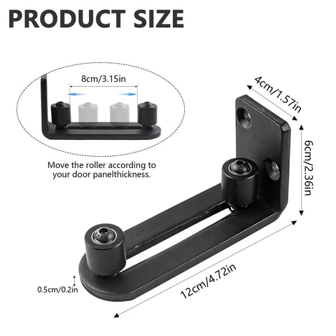 Four Pack Black Sliding Barn Door Floor Guides Flush Wall Mount Bottom Adjustable Rollers Flat Non Scratch Barn Door Hardware Kit With Two Assembly Options Heavy Duty, product size details with dimensions in cm and inches.