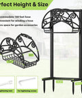 Heavy Duty Garden Hose Holder With Freestanding Steel Frame, Ultra Sturdy Hose Storage Organizer For Outdoor Yard, Holds Up To 160 Feet Of Hose, 4 Spikes, Weatherproof And No Fuss Easy Access, features decorative design with dimensions labeled.