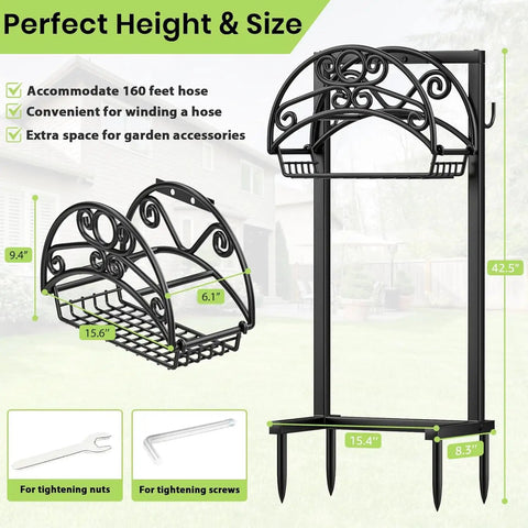 Heavy Duty Garden Hose Holder With Freestanding Steel Frame, Ultra Sturdy Hose Storage Organizer For Outdoor Yard, Holds Up To 160 Feet Of Hose, 4 Spikes, Weatherproof And No Fuss Easy Access, features decorative design with dimensions labeled.