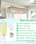 G9 LED Bulbs 4000K Natural Daylight, Crisp and Bright 6W, E12 ceramic base, 2.52-inch bulb alongside chandelier and specifications.