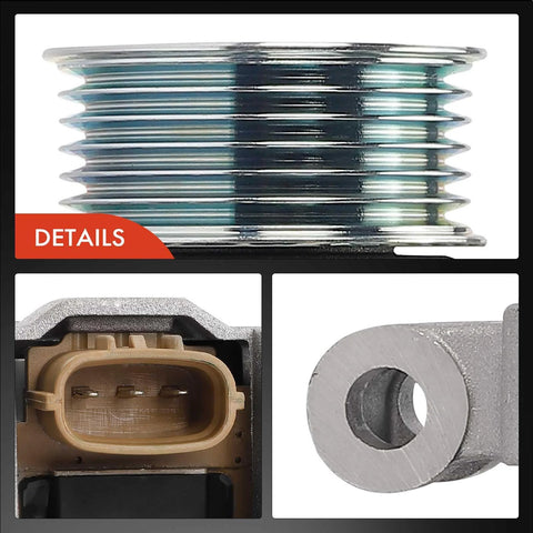 Close-up details of pulleys, connector, and mounting hole on Drop-In 110A 12V Alternator With 6-Groove Pulley For Subaru Forester 2011 2012 2013 2.5L CW Clockwise Replacement Fits Replaces 23700-AA701 A002TL0091A Heavy-Duty Auto Electrical Upgrade For Brighter Starts And Stronger Charging.