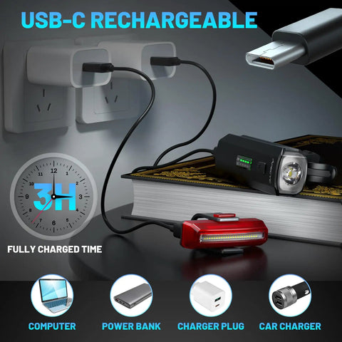 USB C Rechargeable Bike Light Set Front Headlight And Rear Taillight With 9 Modes 1200 Lumen Brightness charging setup