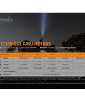 Technical parameters of PD40R V2.0 3000 Lumen USB Rechargeable LED Flashlight with beam shining into night sky.
