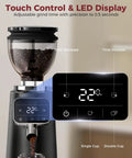 Top Shelf 64 Mm Stainless Steel Flat Burr Coffee Grinder with LED display showing precise grind time adjustments.