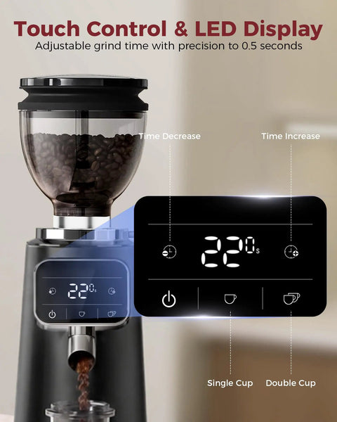 Top Shelf 64 Mm Stainless Steel Flat Burr Coffee Grinder with LED display showing precise grind time adjustments.