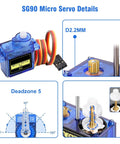 Diagram of SG90 micro servo motor components and rotation angle with close-up of gears and wiring.