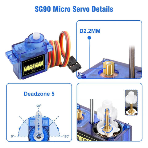 Diagram of SG90 micro servo motor components and rotation angle with close-up of gears and wiring.