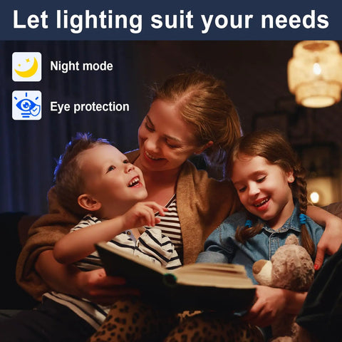 Family reading together under warm light, showcasing comfort and eye protection feature of the 2 Pack Dimmer Light Switch Featuring Single Pole And Three Way Circuits Smooth Sailing Flicker Control Real Deal Sturdiness Includes Pure White Faceplate Straight Forward Hook Up With Zero Sweat Neutral Wire Setup Perfect For Homes.