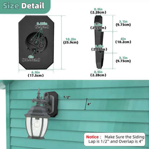 Vinyl Siding Mounting Block For Outdoor Lights With Built In Electrical Box Fits Half Inch Lap Siding And Four Inch Overlap Black Large Size 1 Pack No Fuss Easy Install Durable Siding Plate Mount side view with 1/2 in lap siding fit