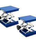 2-pack blue aluminum lab jack stands with scissor lift and 4x4in platform.