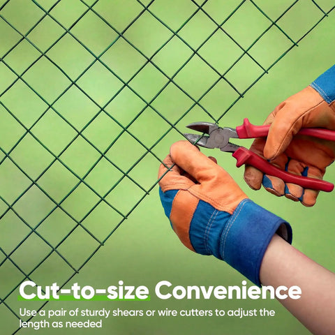 Hands cutting 1 Inch Hardware Cloth Roll For Chicken Coops 40 Inch Wide By 50 Feet 20 Gauge Dark Green Vinyl Coated Wire Mesh