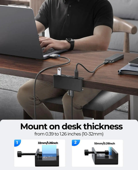 Clamp On USB Hub With External Power Sleek Aluminum 4 Port USB 3.0 Adapter Mounted on Desk with Laptop