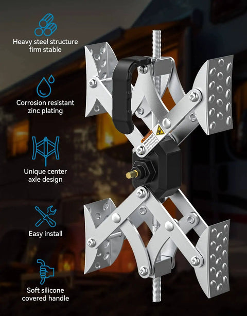 X Shaped RV Wheel Chocks 2 Pack For Trailers And Trucks With Anti Rust Coating Drill Adjustable Option Universal Fit For Tires From 3 To 11 Inches Heavy Duty Wheel Stabilizers To Keep Your Rig Secure While Parked showing steel structure and silicone handle
