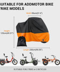Heavy Duty Outdoor Tricycle And Bicycle Cover For Two Bikes 210D Waterproof Polyester Large 90.5L 37.4W 49.2H Fits Adult Trikes And E Bikes Windproof Dustproof Storage All Weather Outdoor Shield Orange. Black and orange cover with 90.5L x 37.4W x 49.2H dimensions shown for trike and bike fit.