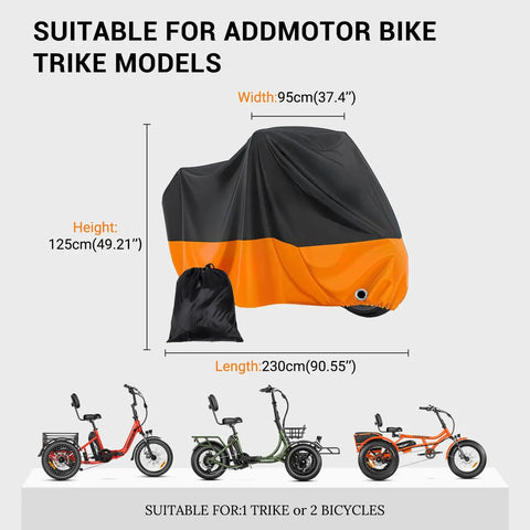 Heavy Duty Outdoor Tricycle And Bicycle Cover For Two Bikes 210D Waterproof Polyester Large 90.5L 37.4W 49.2H Fits Adult Trikes And E Bikes Windproof Dustproof Storage All Weather Outdoor Shield Orange. Black and orange cover with 90.5L x 37.4W x 49.2H dimensions shown for trike and bike fit.