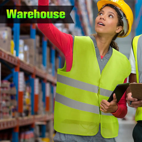 Person wearing High Visibility Reflective Safety Vests 40 Pack Mesh Security Vests for Men and Women Neon Bulk Set in a warehouse