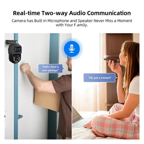 8ch POE Outdoor Security Camera Surveillance NVR Kit Featuring 6MP Dual Lens IP Cameras with two-way audio communication.