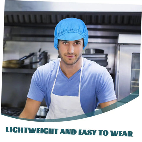 Man wearing Five Pack Blue Anti Static Cleanroom Working Hat Built With Breathable Mesh And Heavy Duty Polyester for food prep.