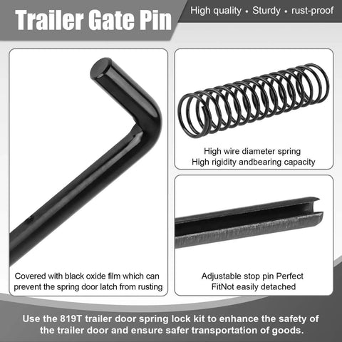 Premium Heavy Duty Trailer Gate Spring Latch Repair Kit Two Pack showing black gate pin, high rigidity spring, rust-proof materials.