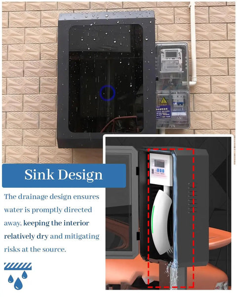 Heavy Hitter EV Charger Enclosure With Secure Keypad Lock showing drainage design for water protection, mounted outdoors.