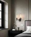 Bedroom with Rustic Industrial Wall Sconce Light With Tubular Clear Glass Lampshades, Matte Black Finish, Double Sconce Set