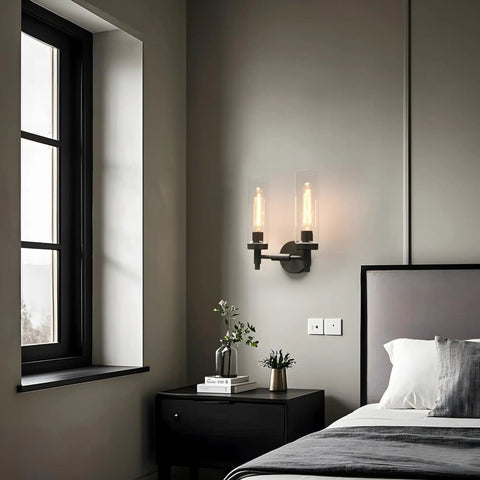 Bedroom with Rustic Industrial Wall Sconce Light With Tubular Clear Glass Lampshades, Matte Black Finish, Double Sconce Set