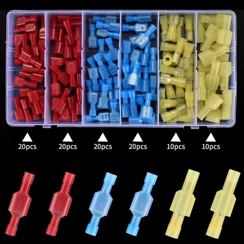 Premium 120 Piece Spade Connectors Kit With Nylon Fully Insulated Quick Disconnect Terminals organized in a box.