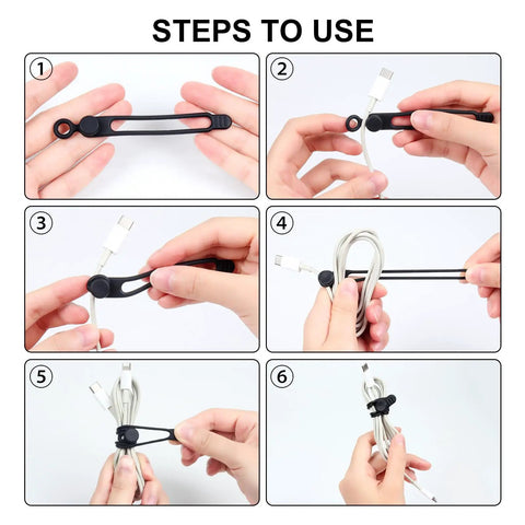 Steps to use 30 Pack Silicone Cable Ties Set, Reusable Elastic Wire Ties For Cables And Electronics shown in six-step guide.
