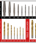 18 Piece Screw Extractor Set And Left Hand Drill Bits For Removing Stripped Screws And Damaged Bolts Easy Out Reverse Twist Kit 35CrMo And 6542 4341 HSS Steel Cobalt Bolt Extractor For Damaged Fasteners displayed with multiple sizes and materials labeled.