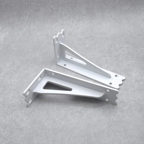 Top Notch 2 Pack Wall Mounted Shelf Brackets Heavy Duty Metal Triangle Supports Built Tough For Wood Boards Quick Install Includes Full Hardware White Finish, showcasing white metal brackets with triangular design.