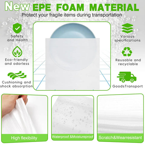 Moving Day Dish Packing Set With 200 Foam Pouches And Sheets showing EPE foam material's features and benefits