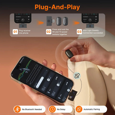 Air SE Wireless Mini Mic For iPhone And Android With AI Noise Cancellation Clip On Creator Mic For YouTube TikTok And Vlog 2TX Plus USB C Receiver 48kHz 24 Bit shown with plug-and-play setup illustration.