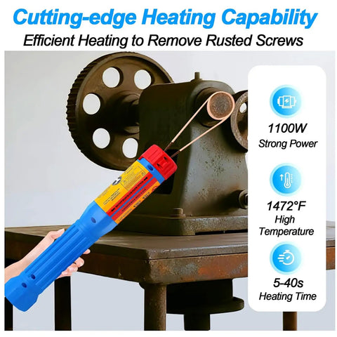 1400 Watt Magnetic Induction Flameless Heater Handheld Wand To Chew Through Rust And Kick Free Seized Bolts Fast Heavy Duty Heating Tool For Auto Truck Garage, blue and red design, used to heat rusty screws.
