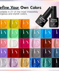 Display of 27 Colors Gel Nail Polish Kit with UV And LED Light Lamp for At Home Manicures, colorful gel bottles and swatches.