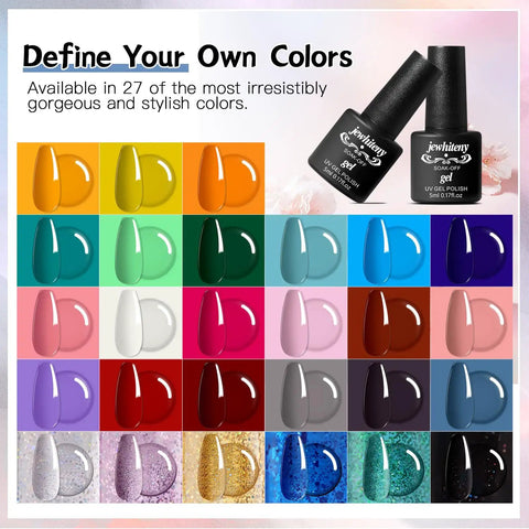 Display of 27 Colors Gel Nail Polish Kit with UV And LED Light Lamp for At Home Manicures, colorful gel bottles and swatches.