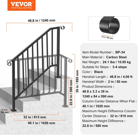 Tough As Nails Outdoor Stair Handrail Kit For Three To Four Steps Featuring Rust Proof Iron Railings No Sweat Assembly Dependable Grip Porch Deck And Concrete Anchor Reliable Security For Seniors In Glossy Black Retro Curves dimensions showing 48.8 in length
