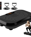 Black vibration plate for lymphatic drainage and full body workout with resistance bands, 450 lbs capacity, remote control included.