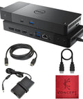 Thunderbolt 4 Dock Beast With 13 Ports 40Gbps USB C USB A Power Delivery Up To 180W Dual And Triple Monitor Setup Ready 4K Display Support HDMI 2 DisplayPort One Four USB C Fast Data Cleaning Cloth Included, shown with cables and cleaning cloth.